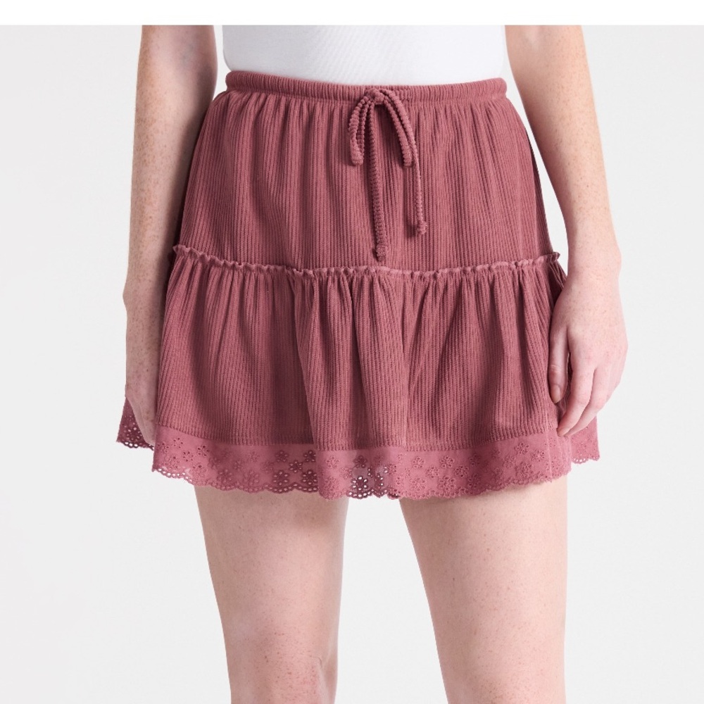 No Boundaries Drawcord Ruffle Mini Skirt with Lace Trim, Women's
